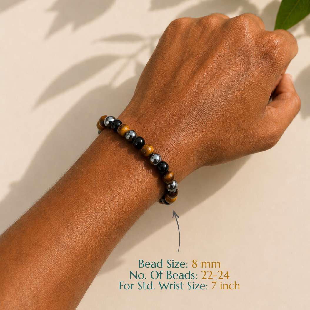 Natural Triple Protection Bracelet | Tiger Eye, Black Obsidian & Hematite | Elastic Fit