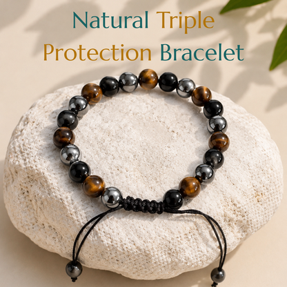 Natural Triple Protection Bracelet | Tiger Eye, Black Obsidian & Hematite | Adjustable Fit