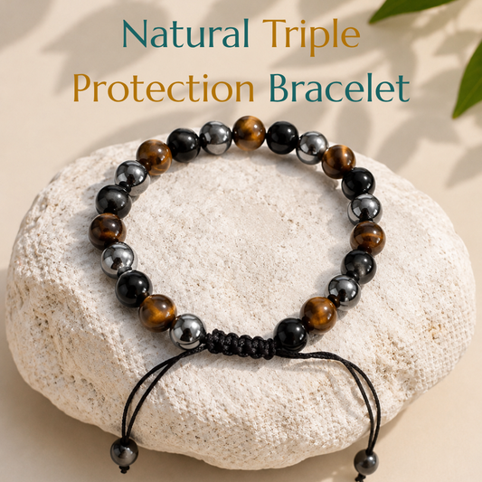 Natural Triple Protection Bracelet | Tiger Eye, Black Obsidian & Hematite | Adjustable Fit