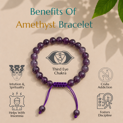 Natural Amethyst Bracelet | Wisdom & Inner Peace | Adjustable Fit