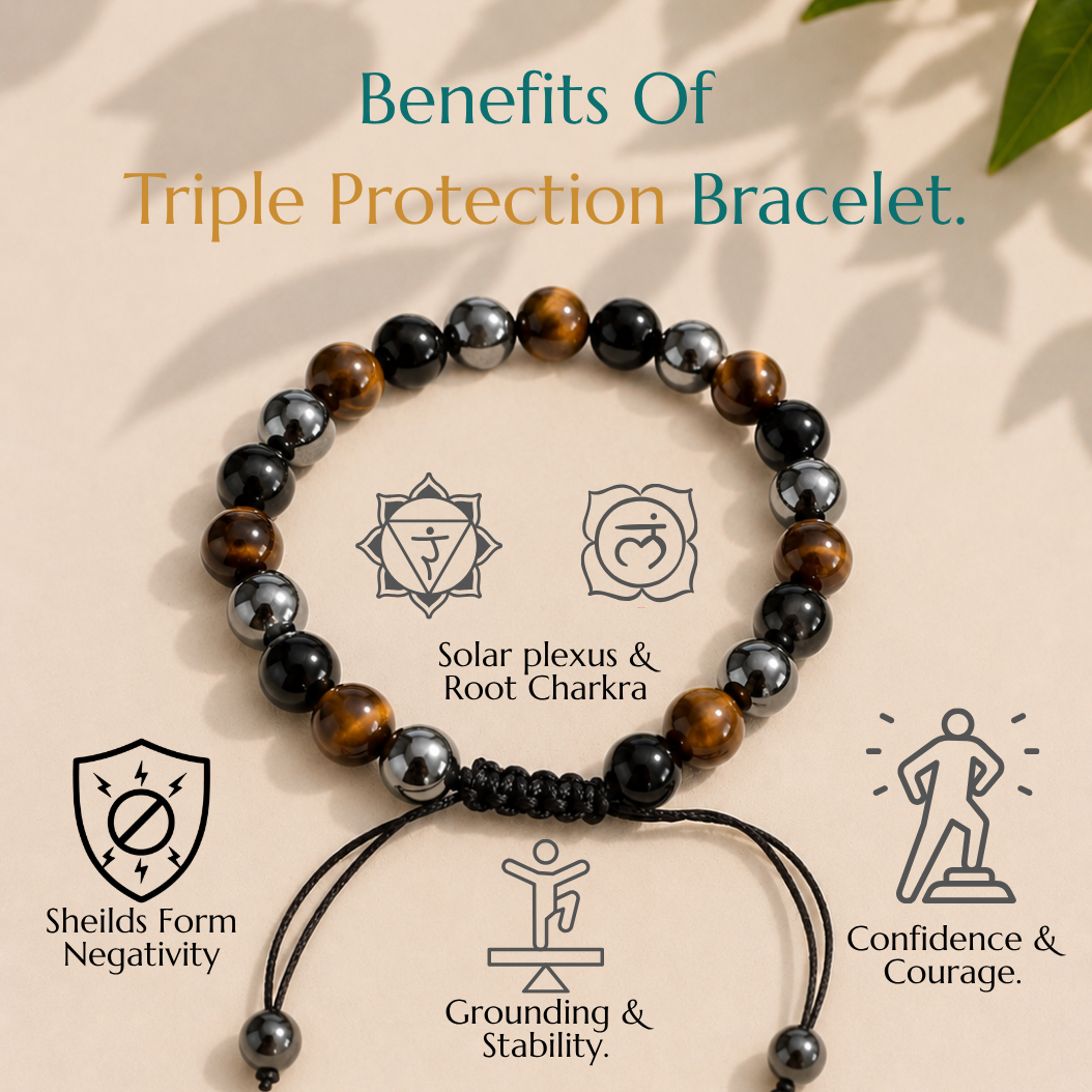 Natural Triple Protection Bracelet | Tiger Eye, Black Obsidian & Hematite | Adjustable Fit