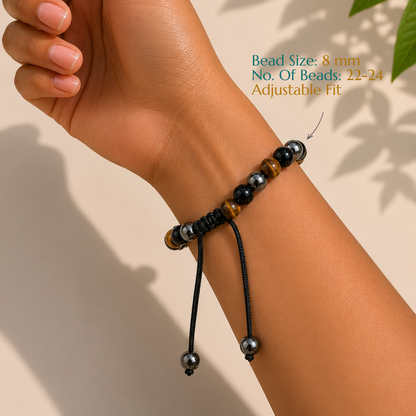 Natural Triple Protection Bracelet | Tiger Eye, Black Obsidian & Hematite | Adjustable Fit
