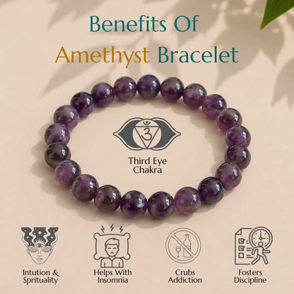 Natural Amethyst Bracelet | Wisdom & Inner Peace | Elastic Fit