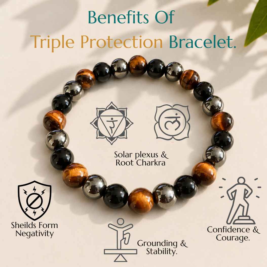 Natural Triple Protection Bracelet | Tiger Eye, Black Obsidian & Hematite | Elastic Fit