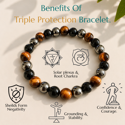 Natural Triple Protection Bracelet | Tiger Eye, Black Obsidian & Hematite | Elastic Fit